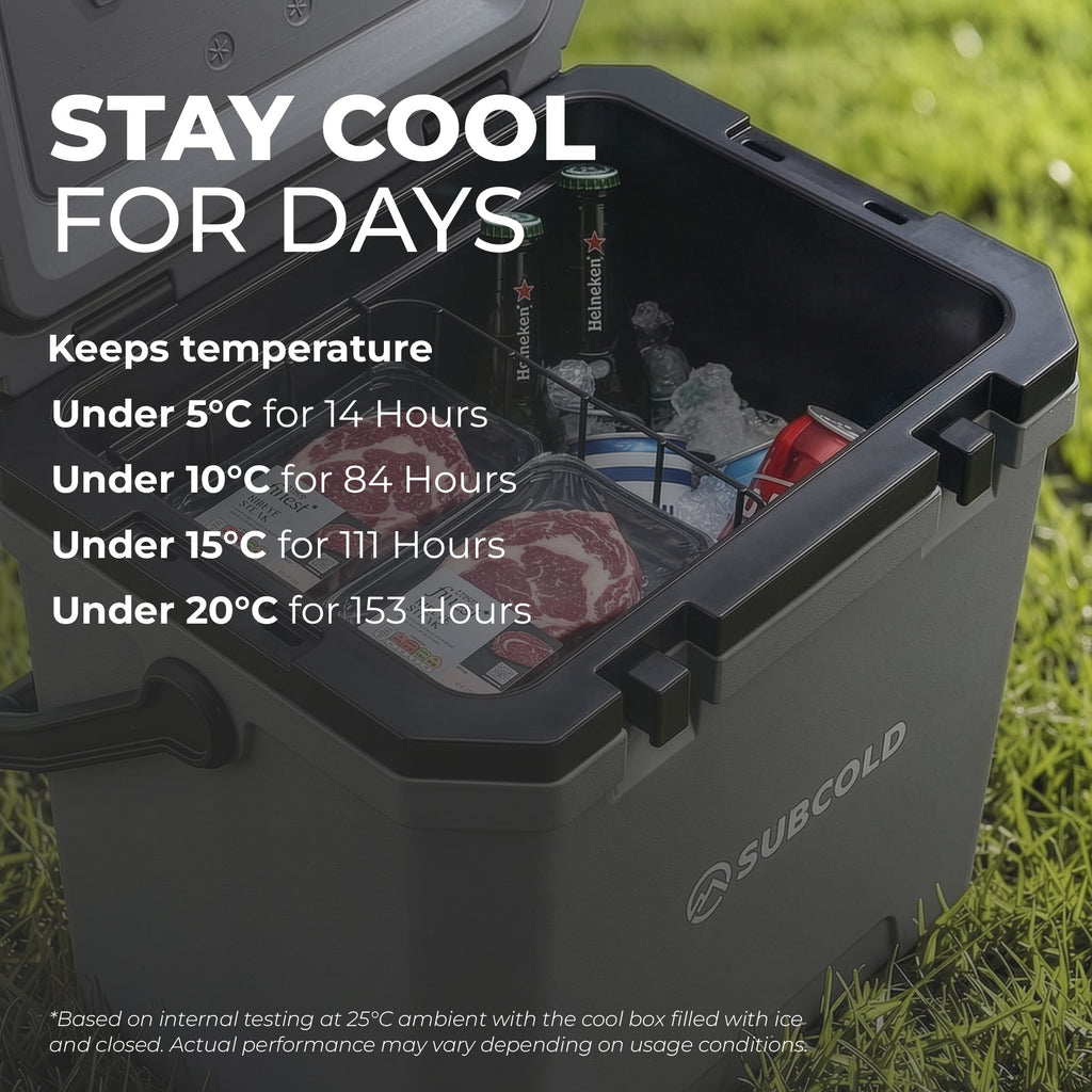 Subcold cool box with open lid, gray body with black latch handles