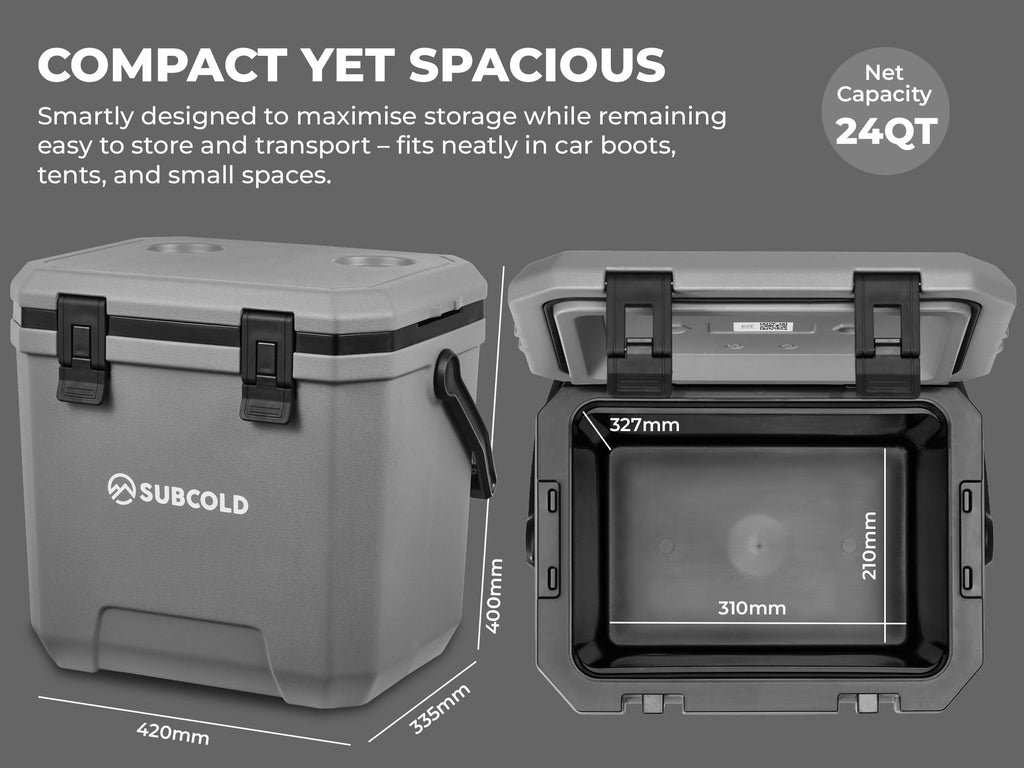 Subcold insulated cool box, side and top views with open lid and carry handle