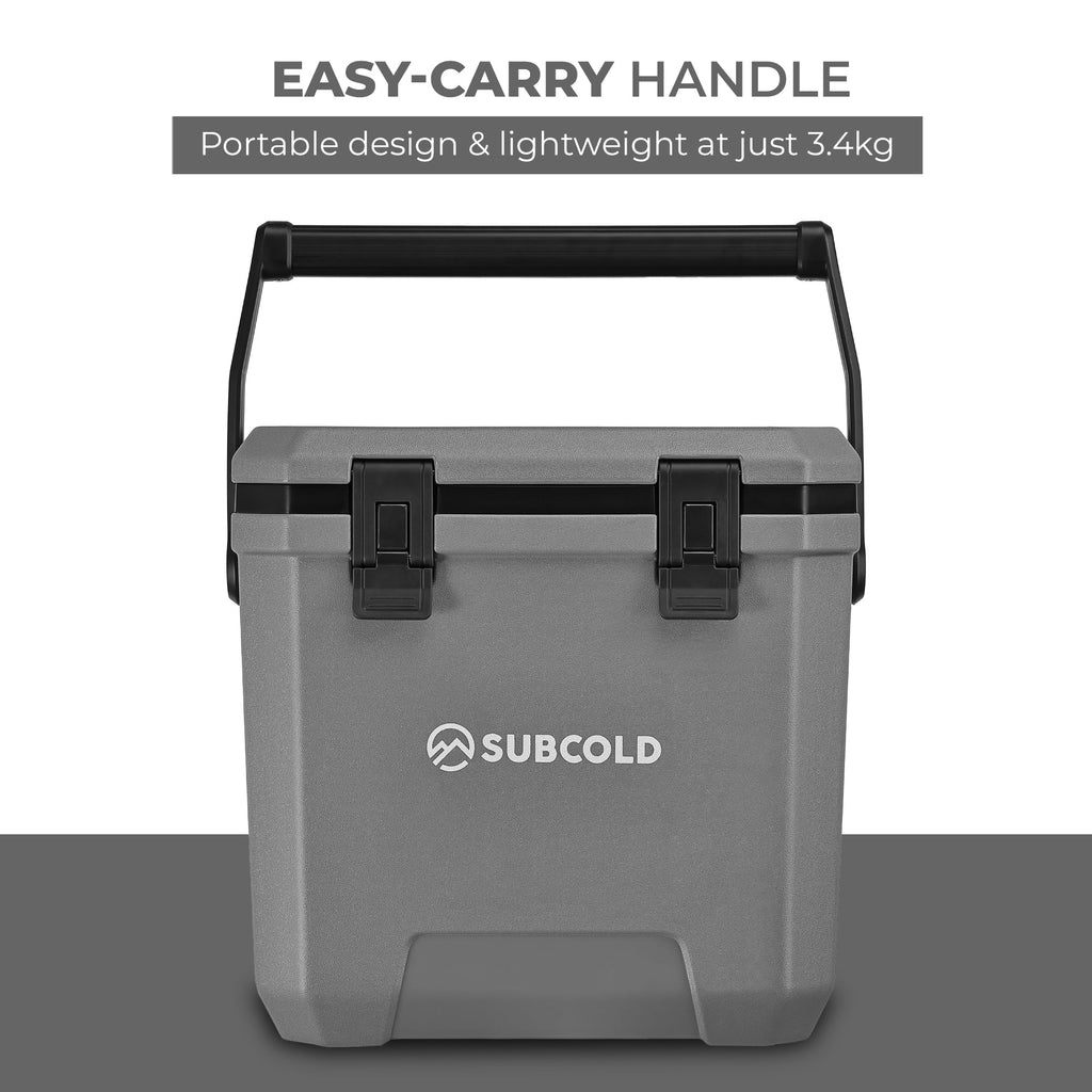 Subcold insulated cool box with easy-carry handle, gray body and black corner latches