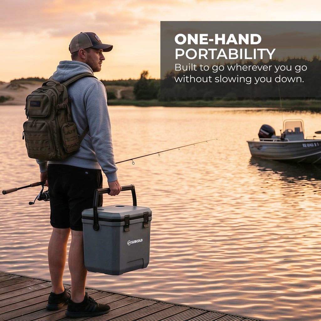 Subcold portable cool box in use, carried by a person at water’s edge