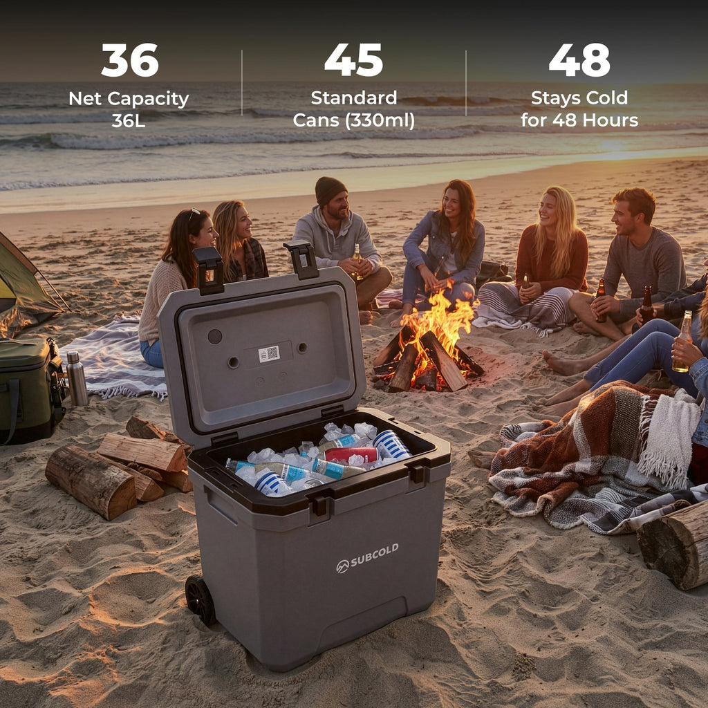 Subcold Master38 cool box with lid open, showing chilled contents in the insulated tub