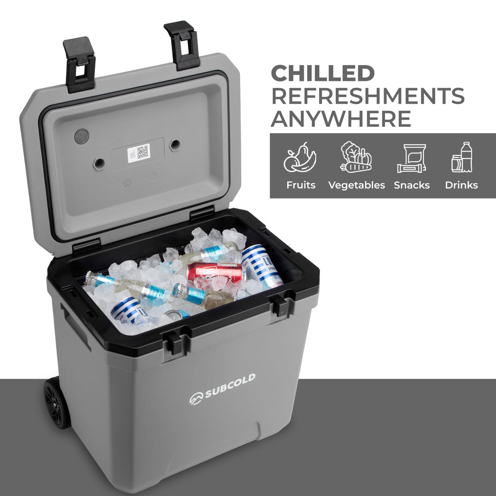 Subcold Master38 cool box with open lid and cold bottles inside the insulated compartment