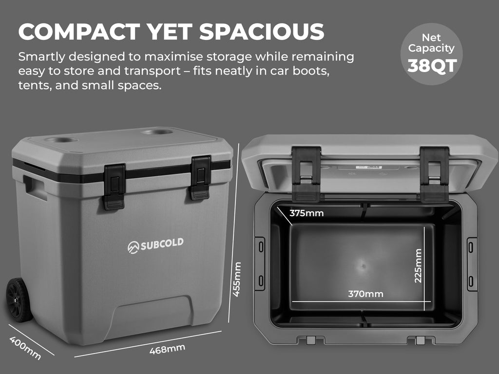 Subcold Master38 cool box with open lid, showing spacious insulated interior