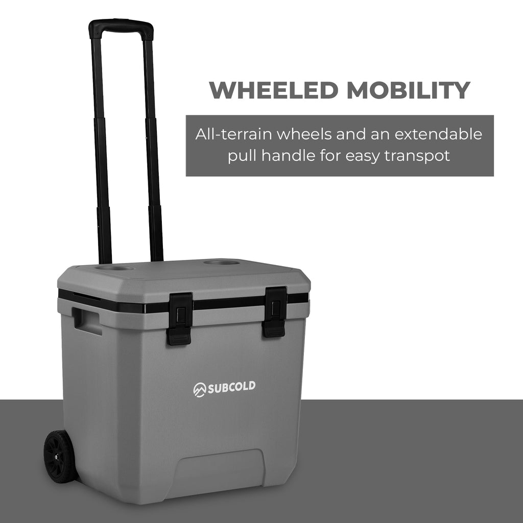 Subcold Master38 cool box, closed grey cooler with upright handle and wheeled base