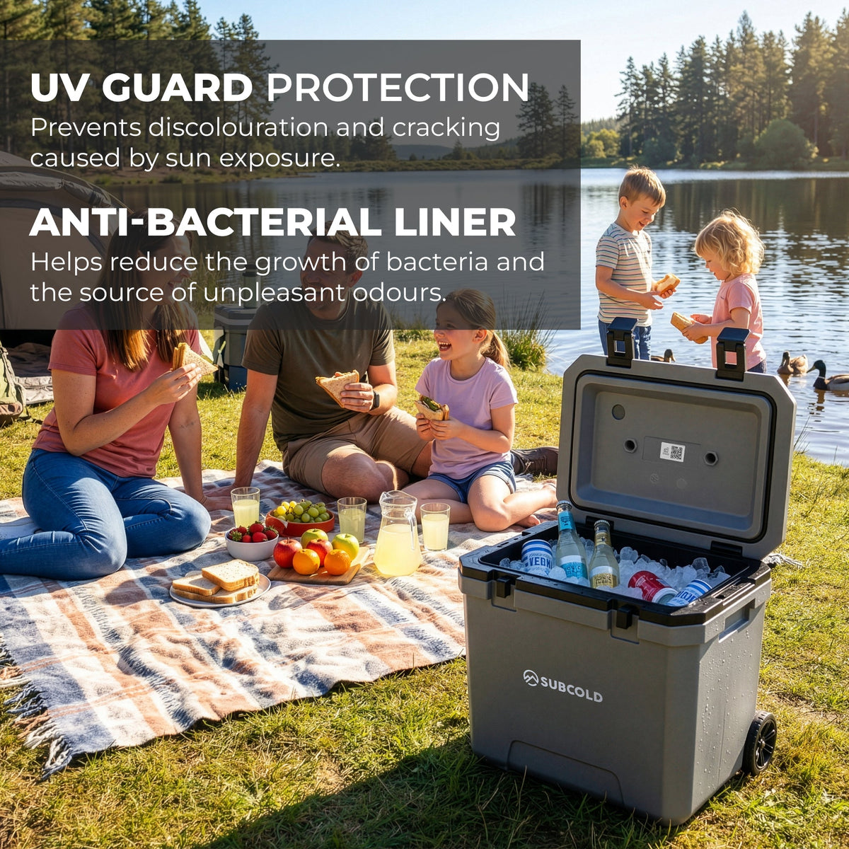 Subcold Master38 cool box with lid open, holding bottles, food, and ice for cooling