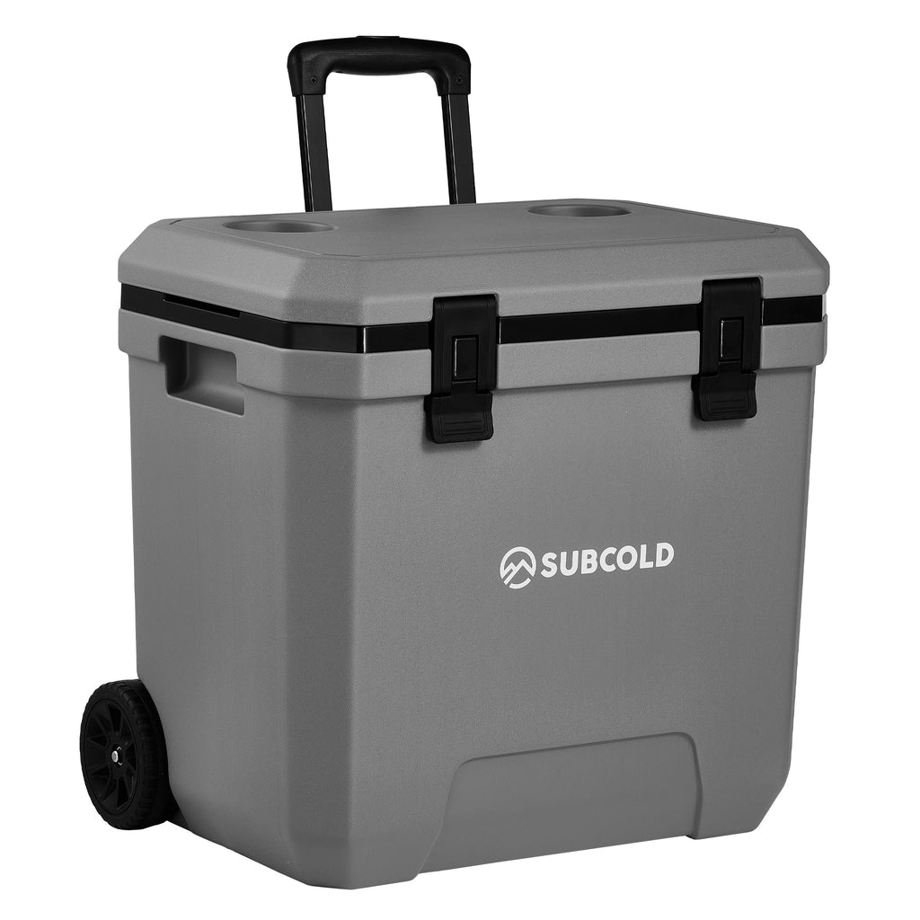 Subcold Master38 cool box, closed grey cooler with front latch, side grips, and wheels