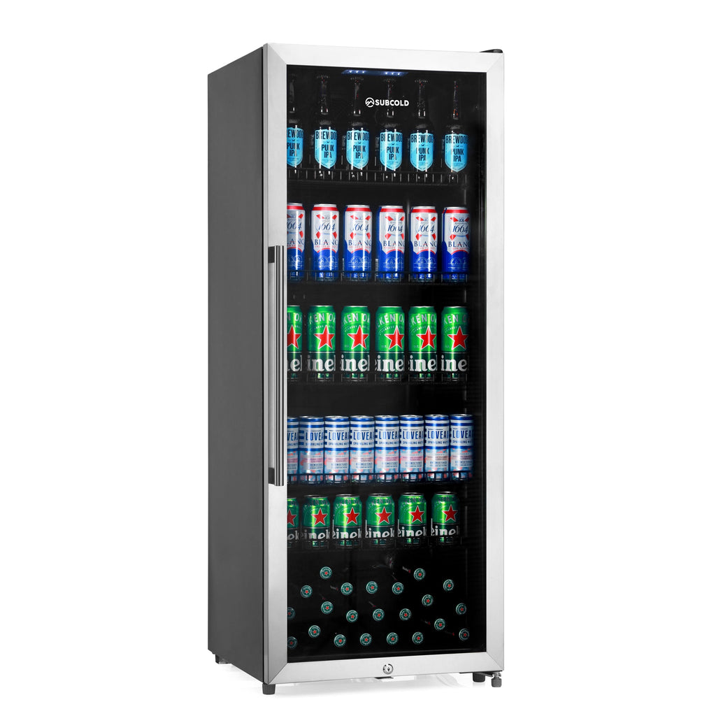 Tall stainless drinks fridge with glass door and visible shelves
