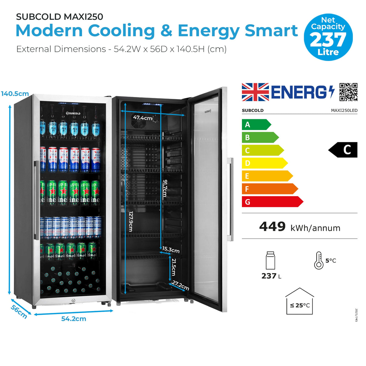 Tall stainless drinks fridge with open door and illuminated interior shelves
