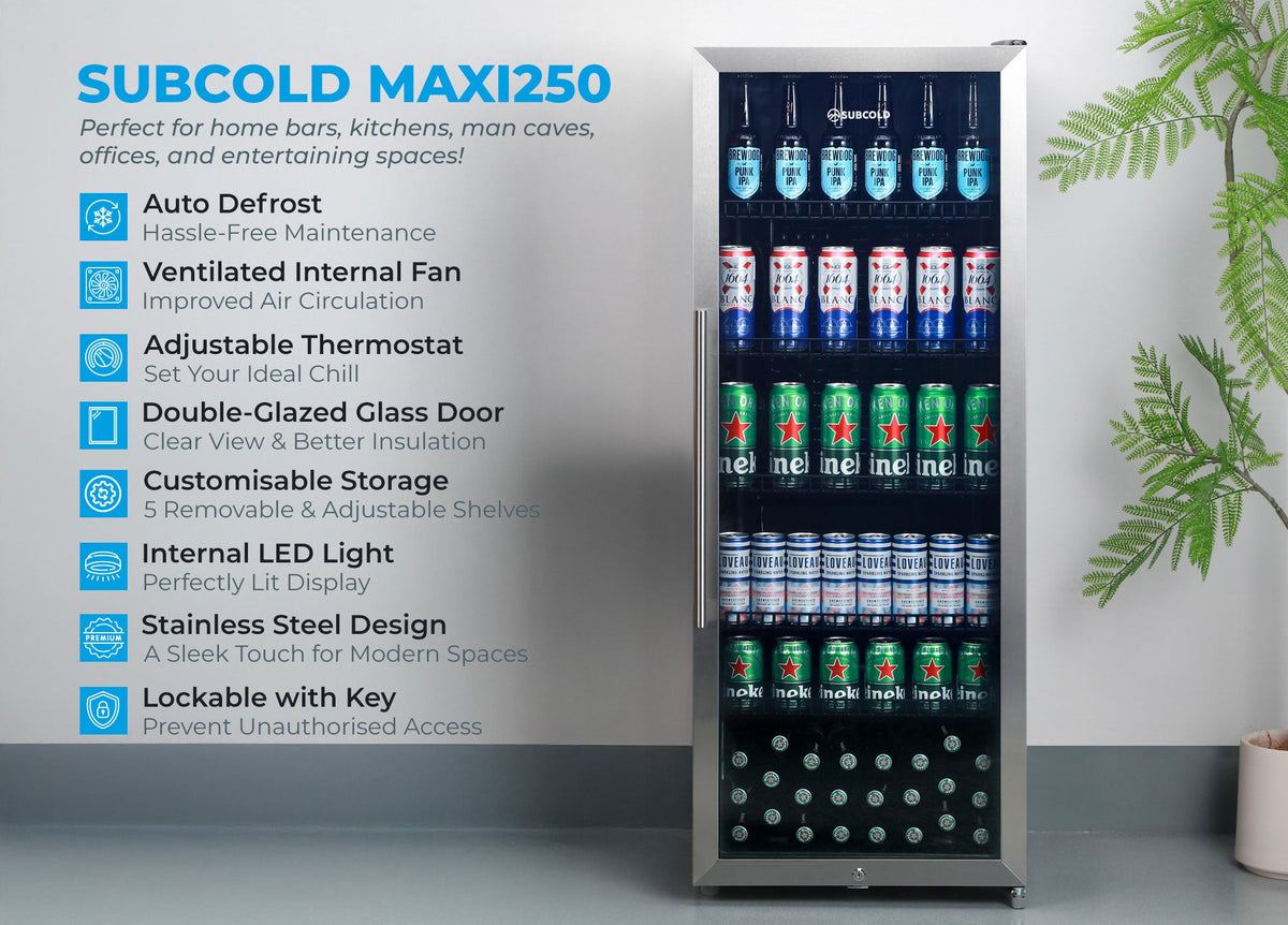 Stainless steel drinks fridge with open dual-glazed glass door and lit interior