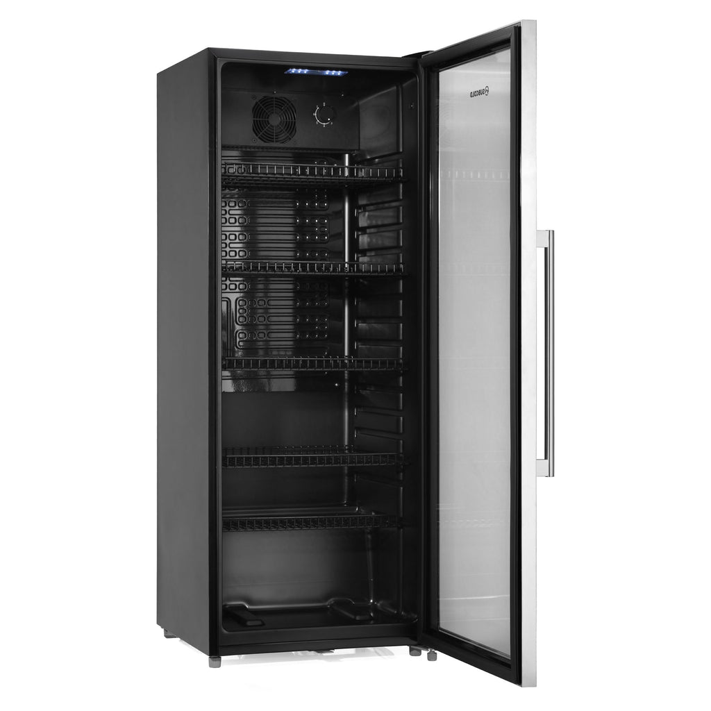 Tall drinks fridge with open door showing empty black shelves and interior