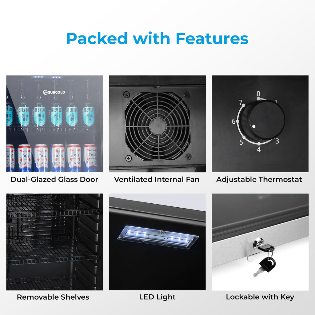 Drinks fridge feature collage: dual-glazed door, ventilated fan, thermostat, LED light