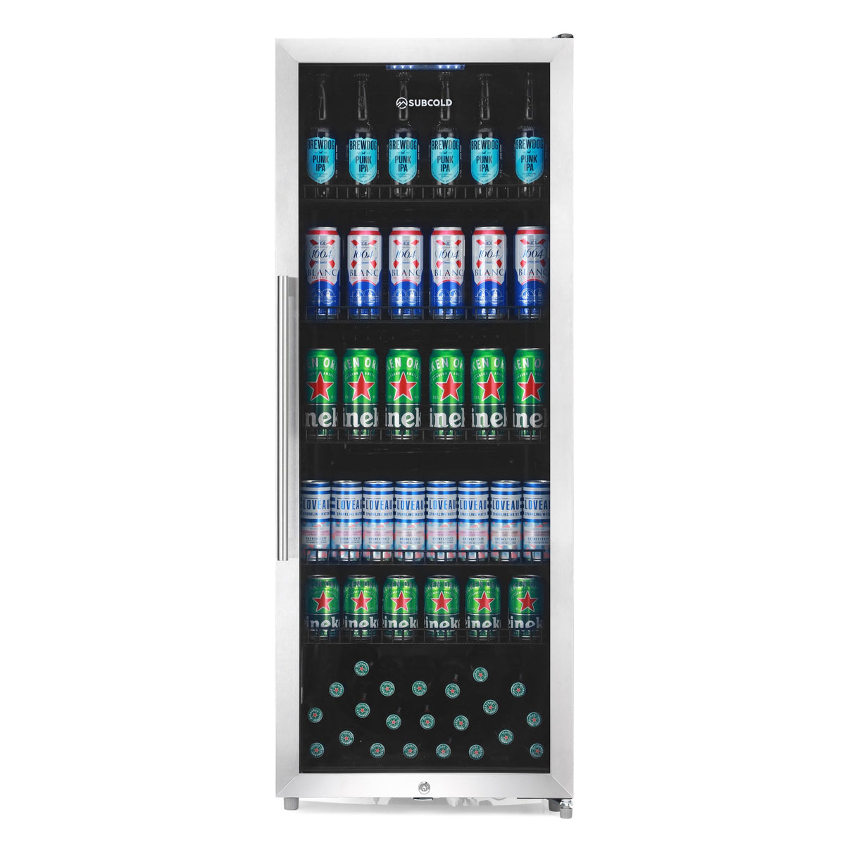 Stainless drinks fridge with black glass door, illuminated shelves of drinks