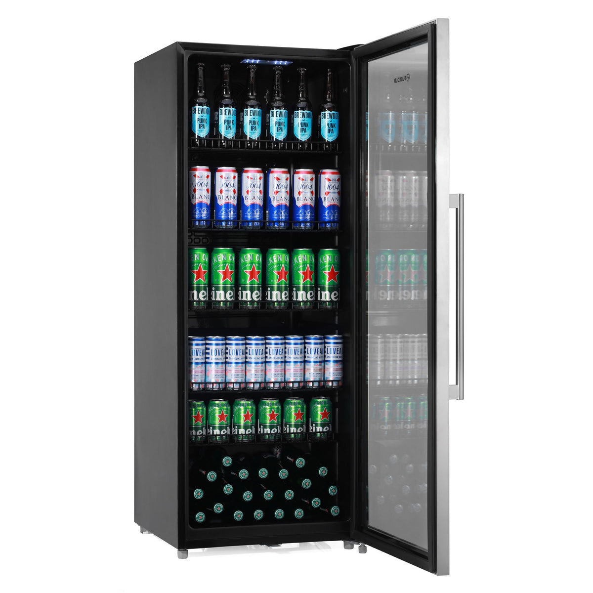 Tall drinks fridge with black interior shelves and clear glass door partially open