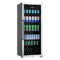 Stainless steel drinks fridge with black glass door and stocked beverage bottles