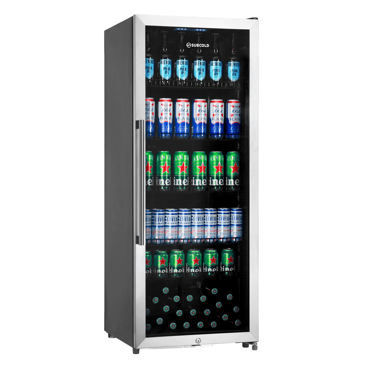 Stainless steel drinks fridge with black glass door and stocked beverage bottles