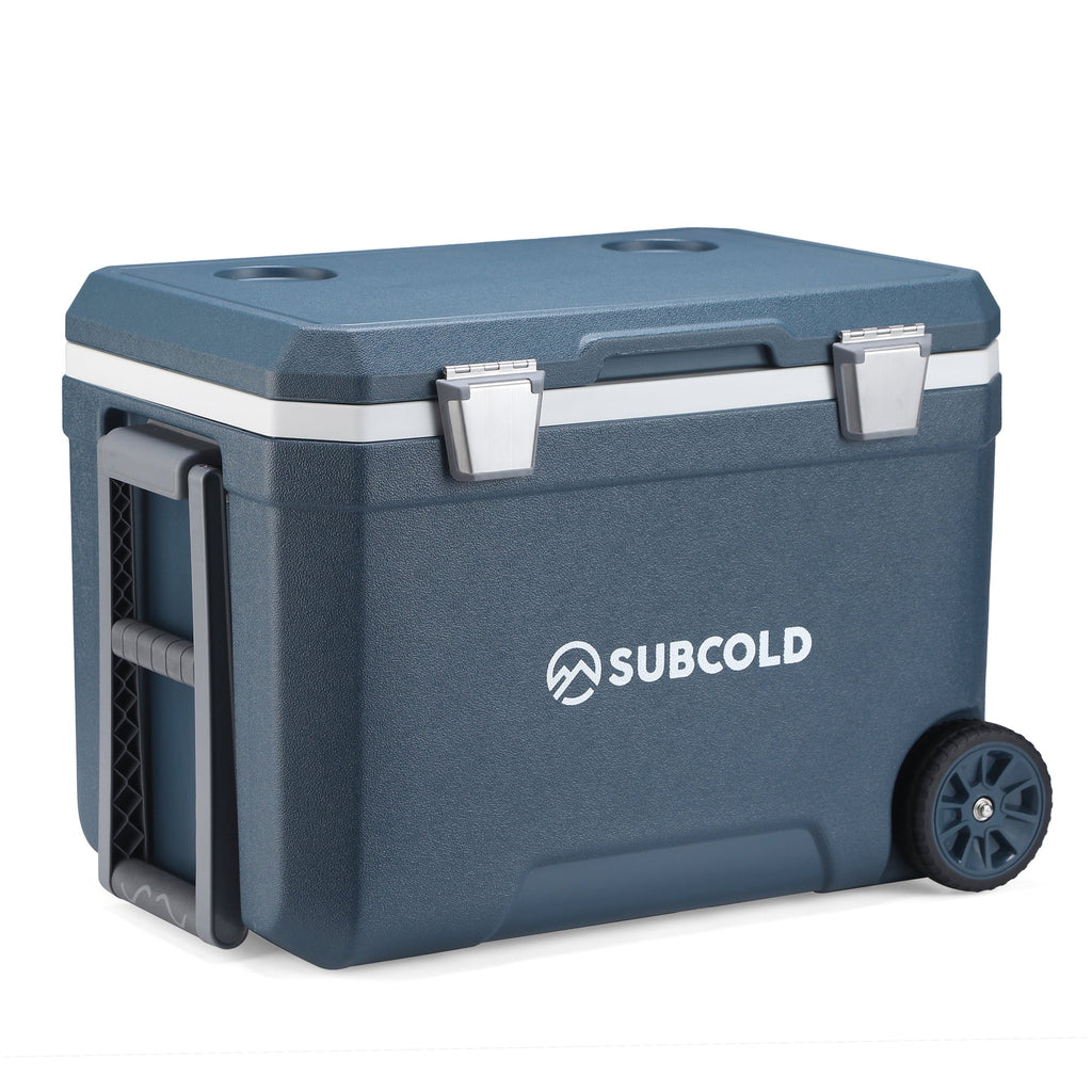 Blue portable cool box with white lid, silver latches, and four rolling wheels