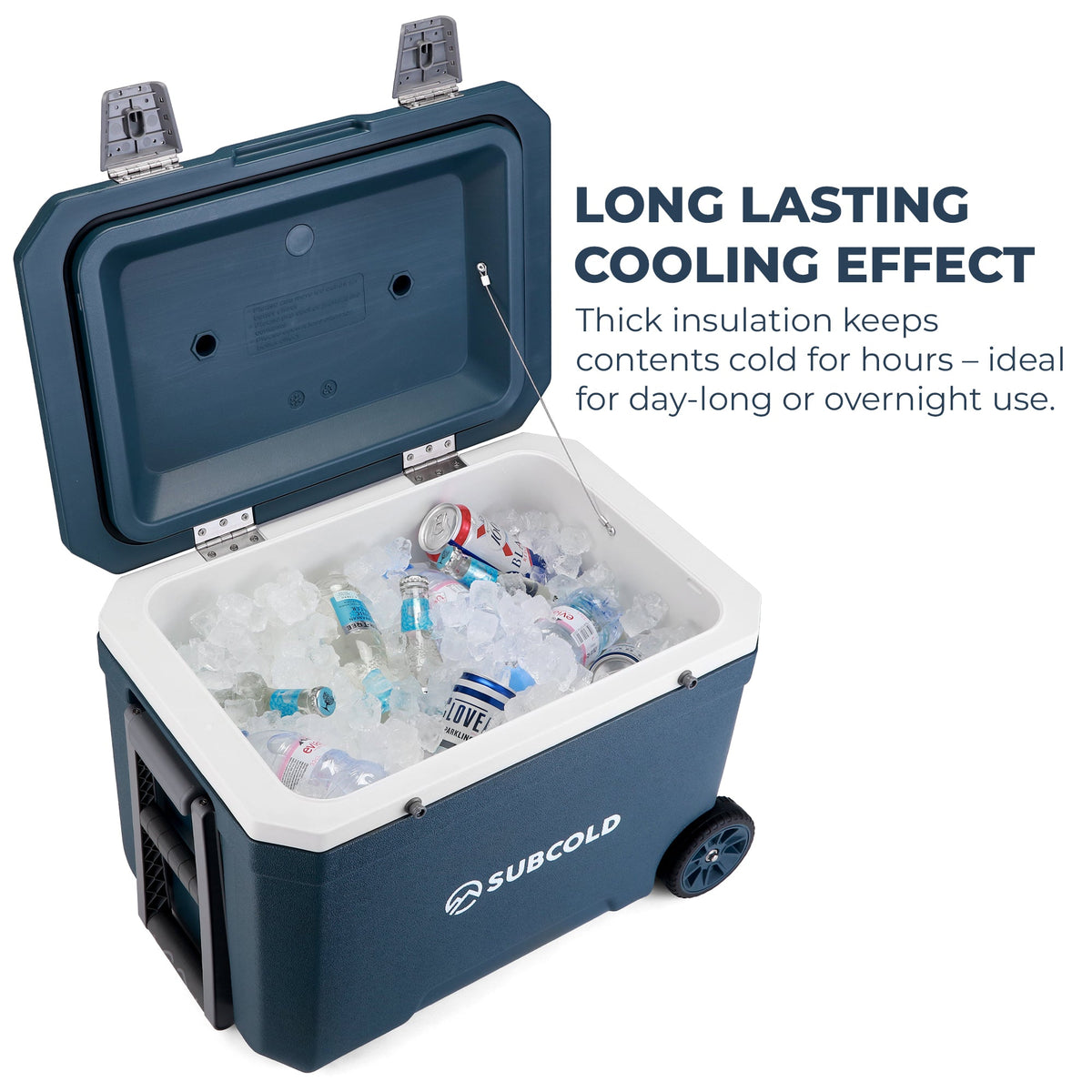 Blue cooler with open lid and visible ice bin, rolling wheels on corners