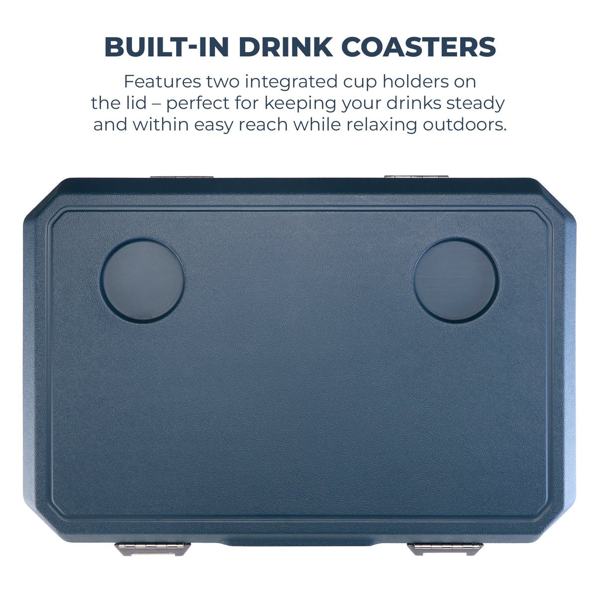 Dark blue cooler lid with two built-in round drink coasters