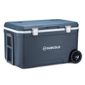 Blue insulated cool box with hinged lid, two latches, and side carry handles