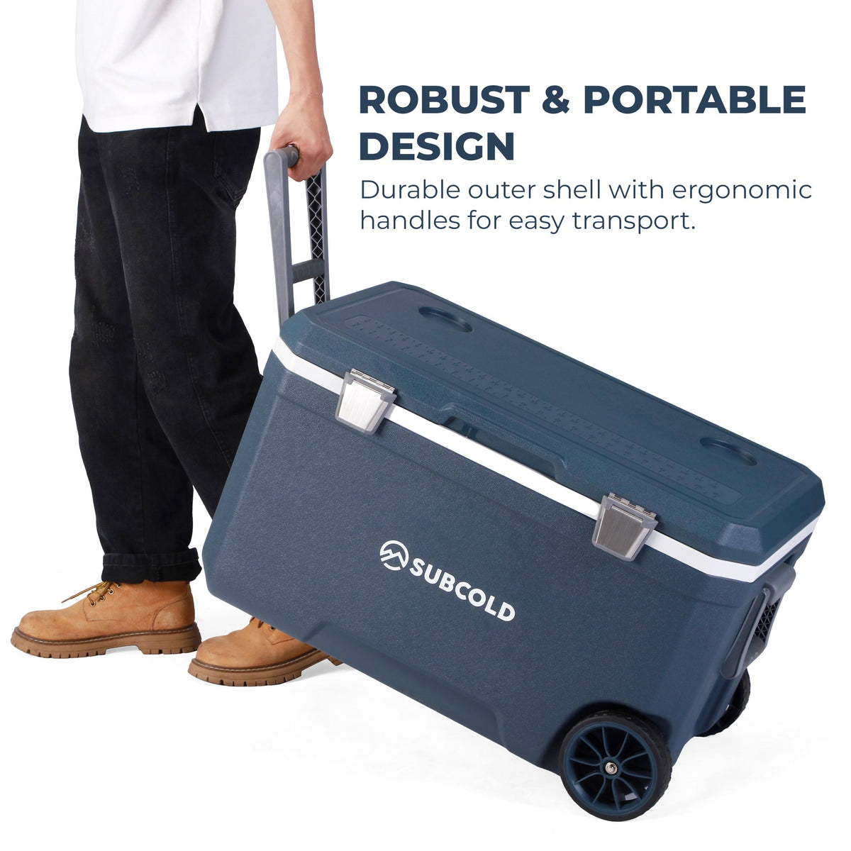 Portable blue cool box with telescoping handle and side wheels for easy transport