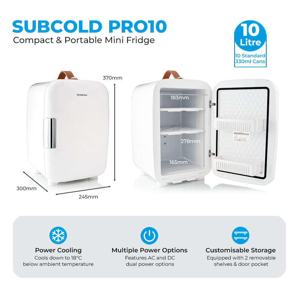 White compact mini fridge with door open and closed, brown carry strap