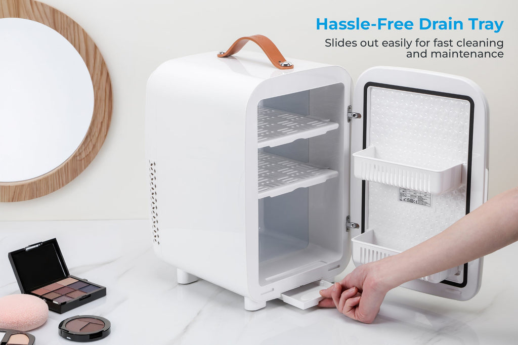 White mini fridge with open door and removable internal storage shelf