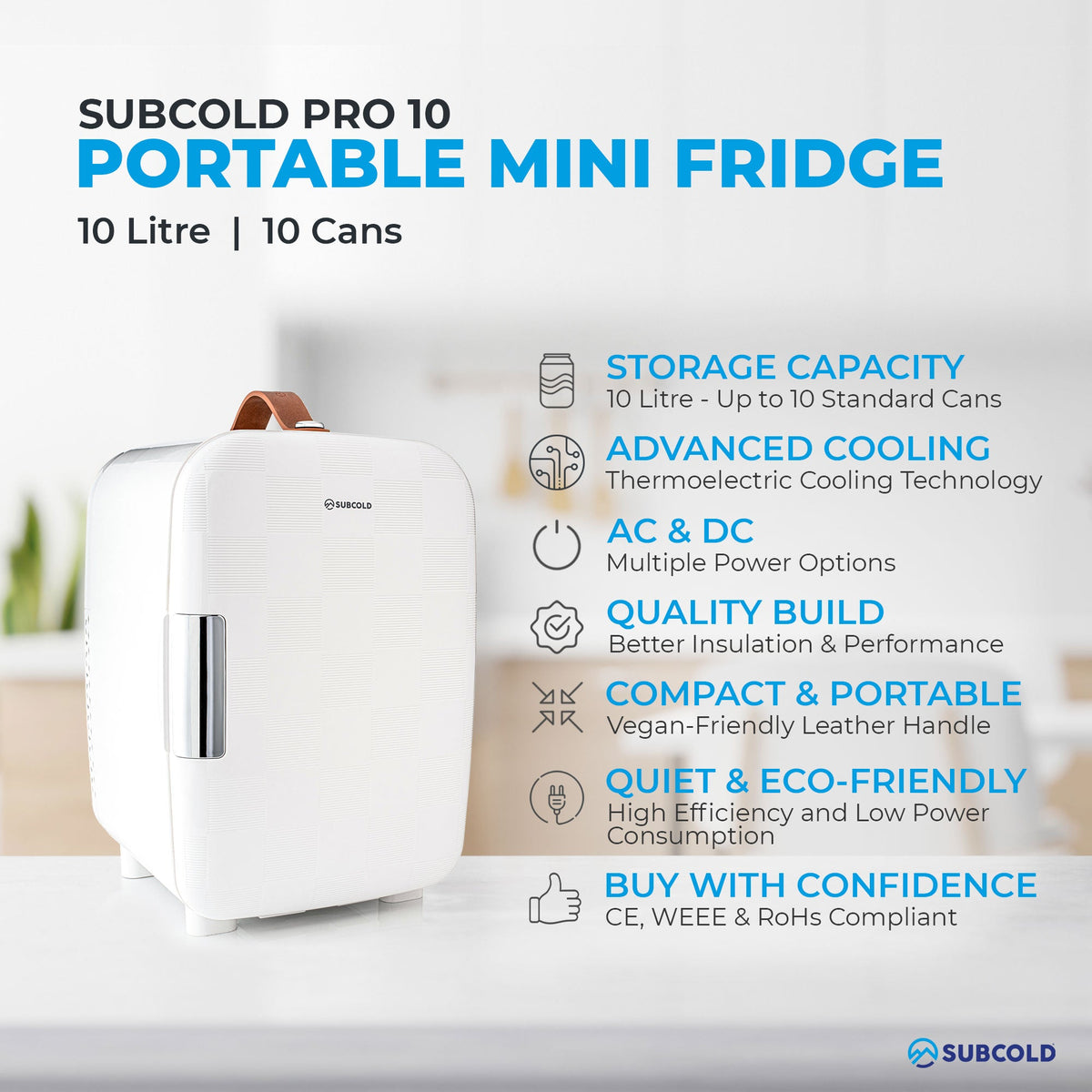 White portable mini fridge with silver door handle and brown carry strap, front view