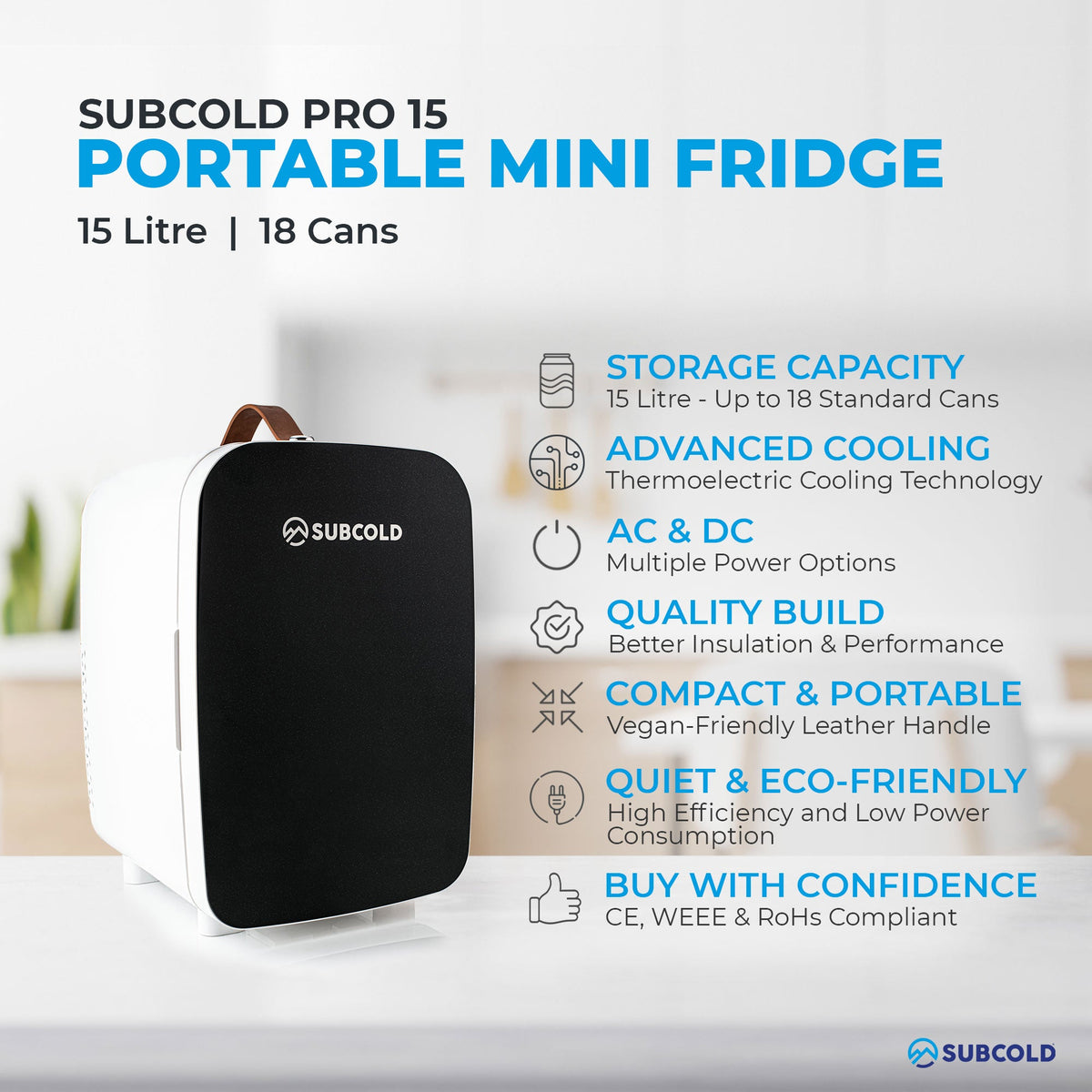 Portable mini fridge with black door and white sides, carrying handle on top