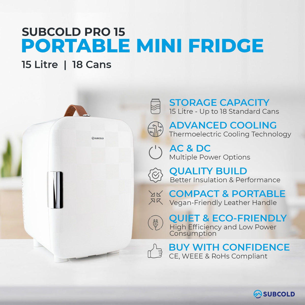 White Subcold Pro portable mini fridge with front door and built-in handle.