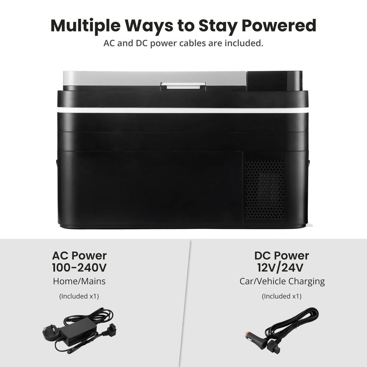 Black portable car fridge with front grille and top lid