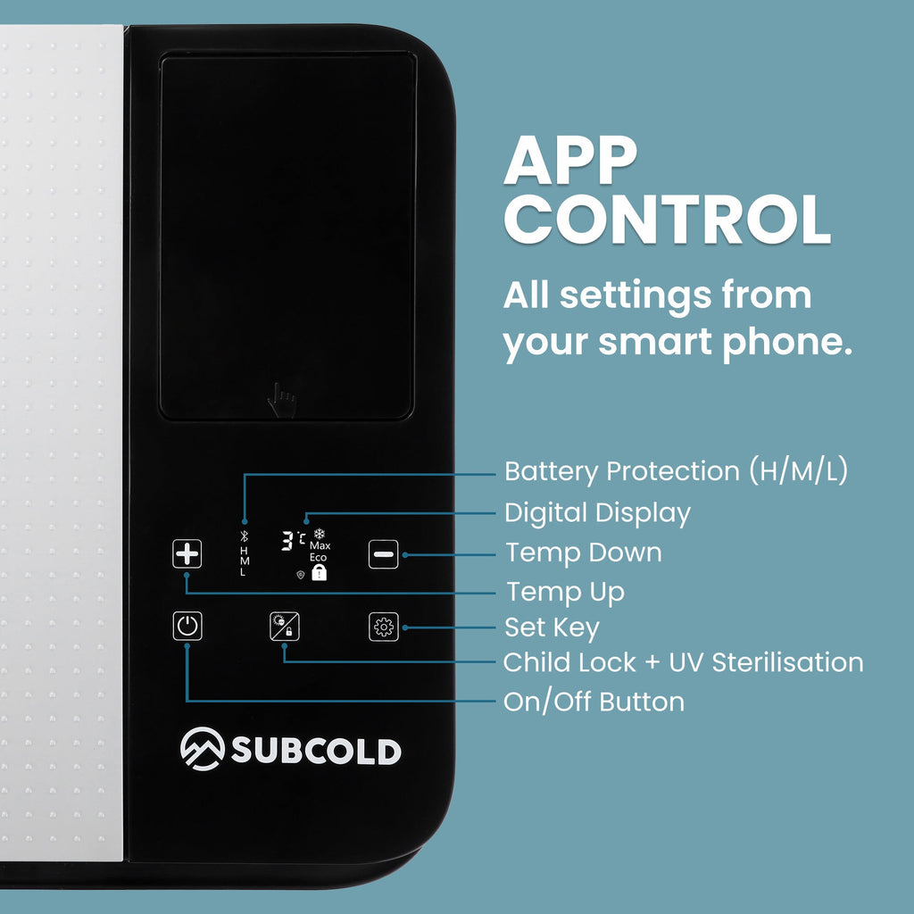 Portable car fridge side panel with dark display area and control buttons.