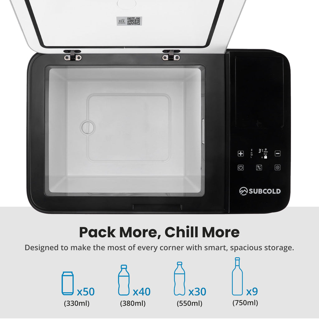 Open portable car fridge showing white liner and touch control panel on the right.