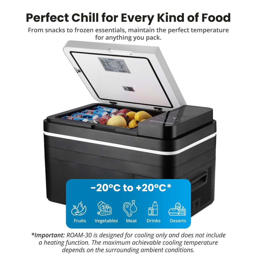 Portable car fridge with open lid, interior food storage, and control panel on right.