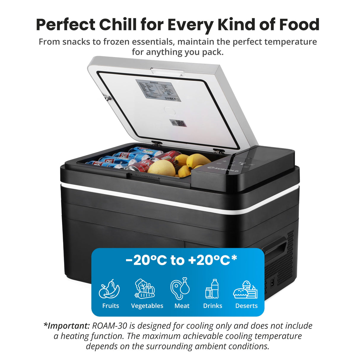 Portable car fridge with open lid, interior food storage, and control panel on right.