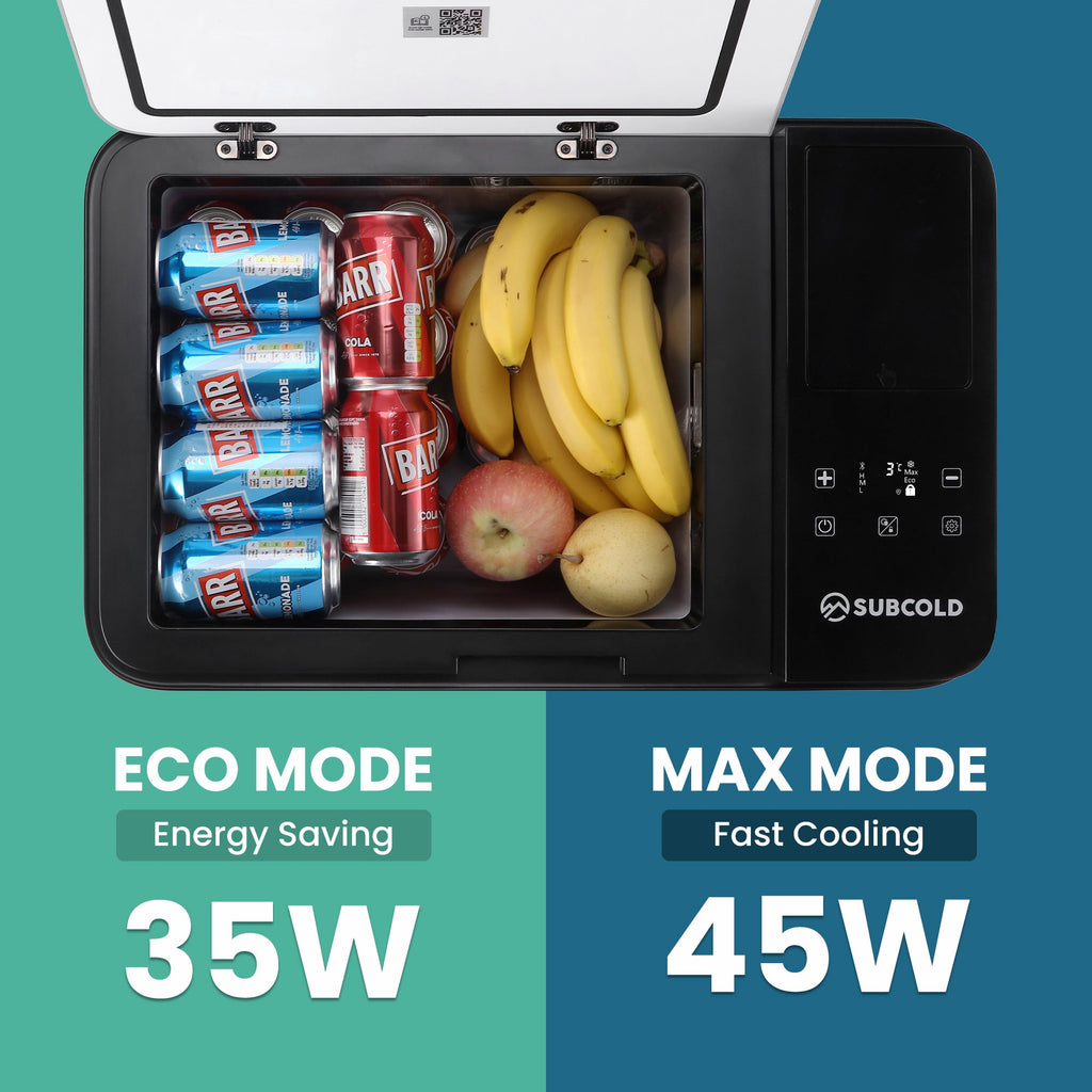 Open portable car fridge filled with bananas, apples, and canned drinks.