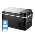 Black portable car fridge with white lid, silver trim, and front ventilation grille.