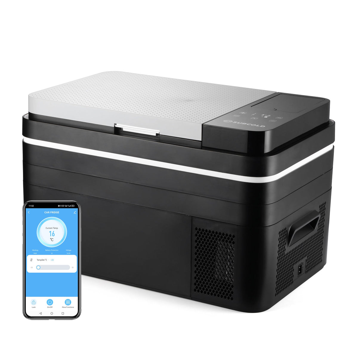 Black portable car fridge with white lid, silver trim, and front ventilation grille.