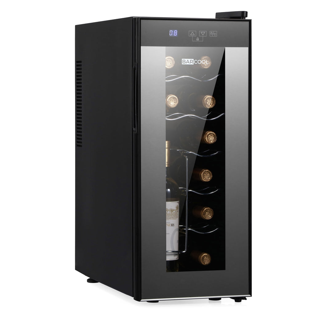 Black slim LED wine cooler with clear glass door and illuminated interior bottles