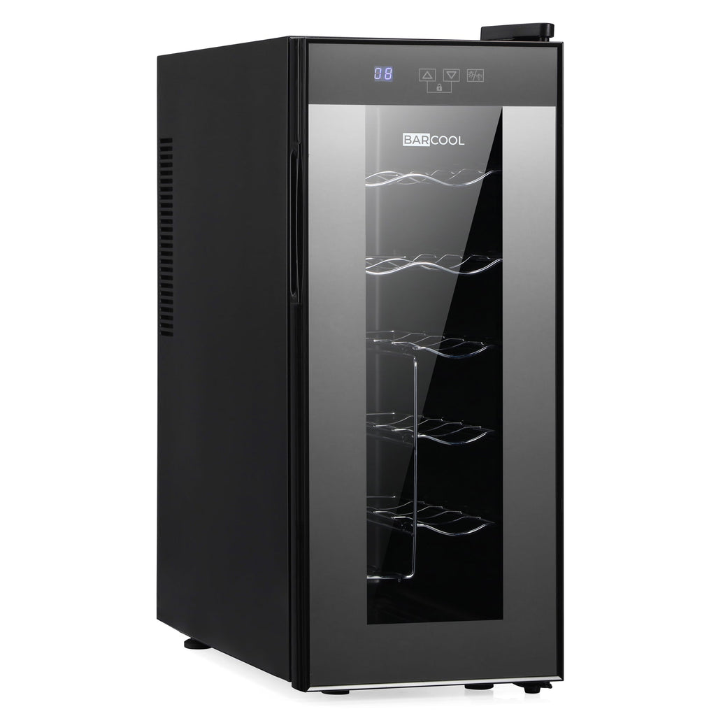 Black slim wine cooler with glass front door and LED interior lighting
