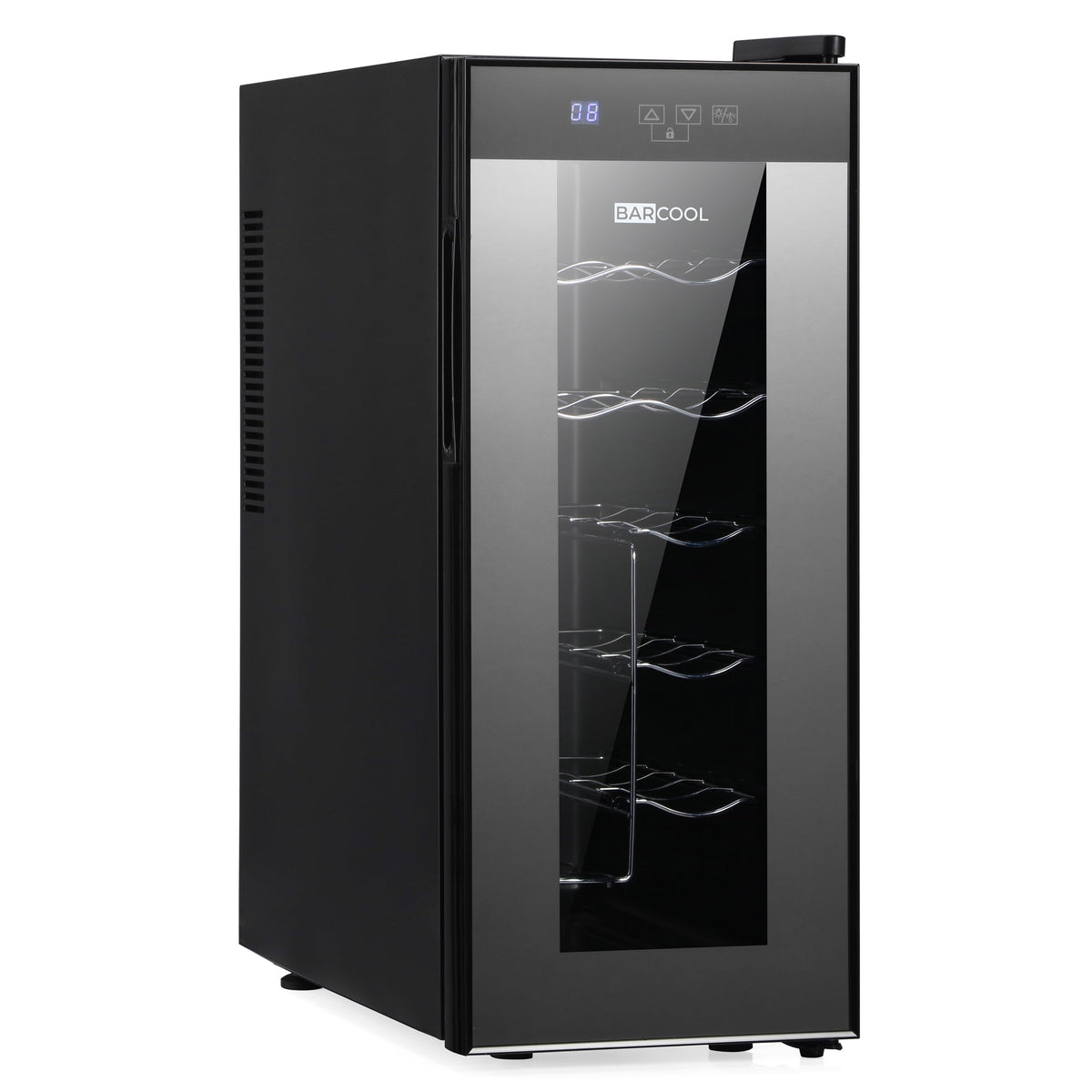Black slim wine cooler with glass front door and LED interior lighting