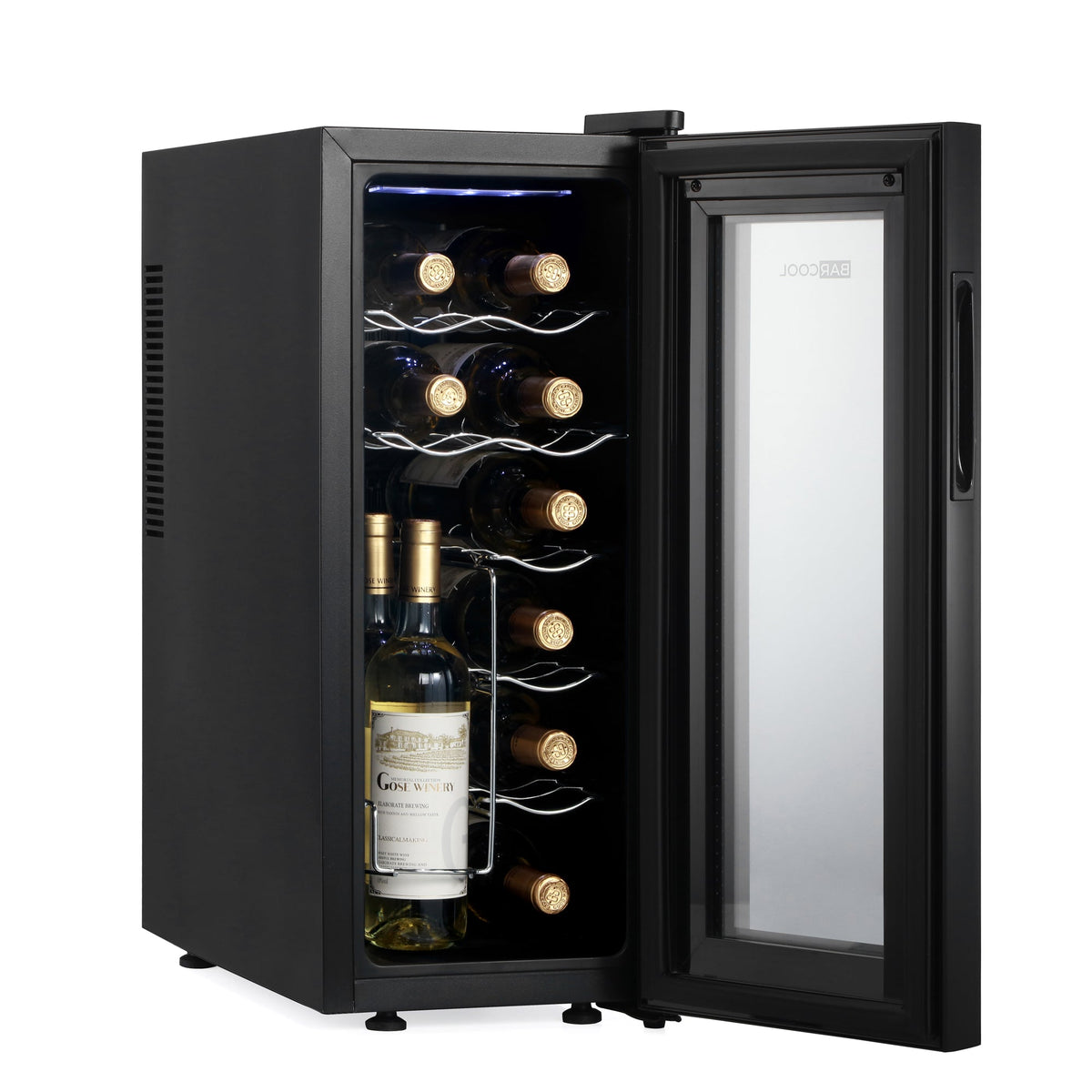 Black wine cooler with glass door open, illuminated interior racks for bottles