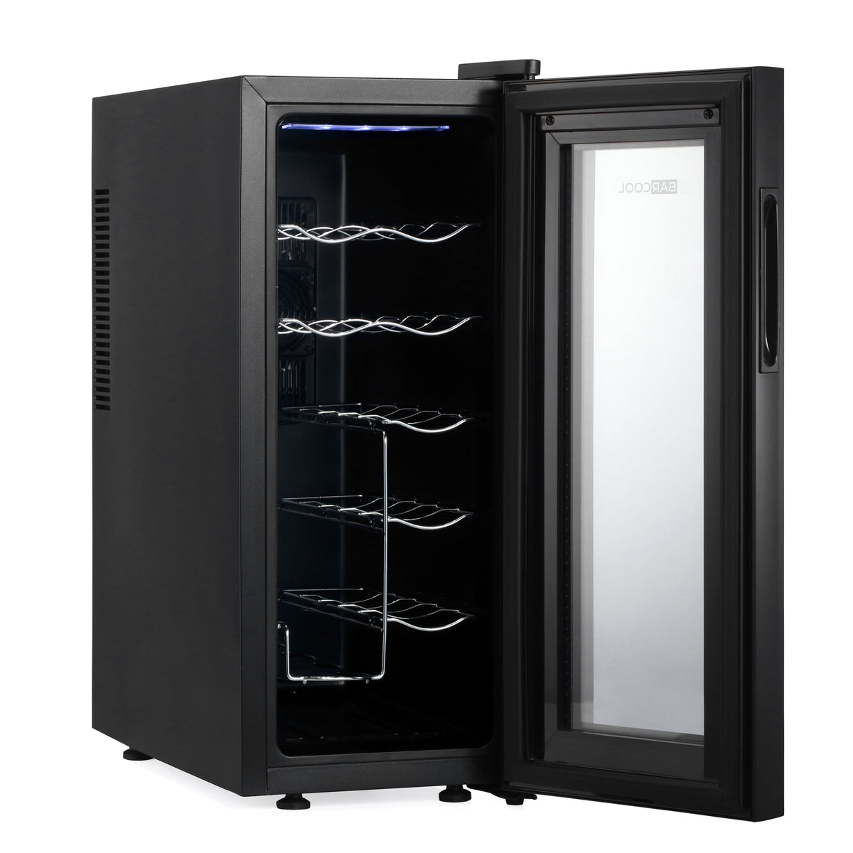 Black slim wine cooler with door open, empty wire bottle racks and blue LED