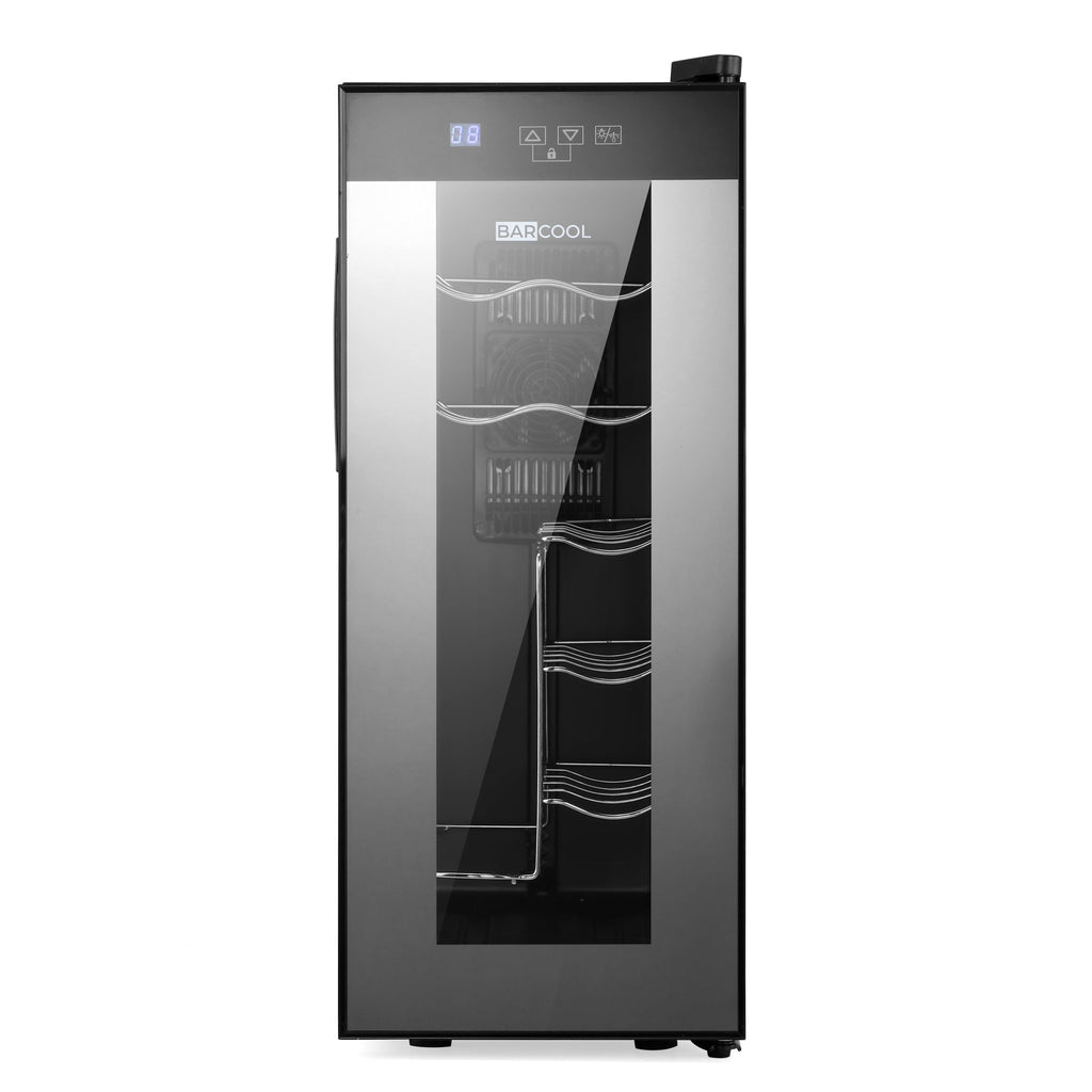 Black slim wine cooler with glass door displaying wire bottle racks