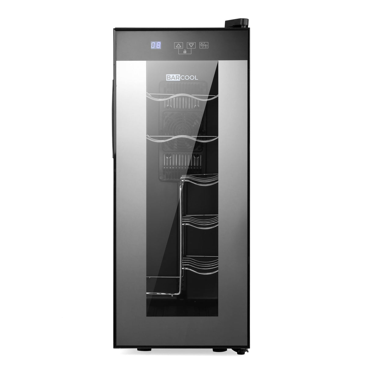 Black slim wine cooler with glass door displaying wire bottle racks