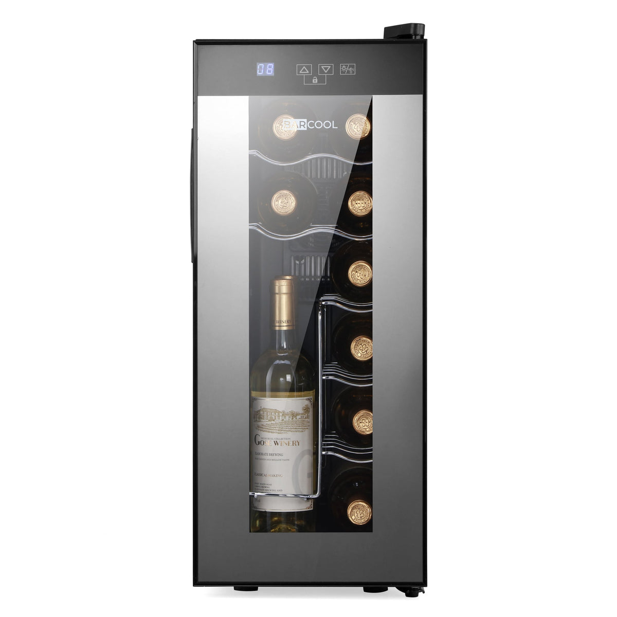 Black wine cooler with glass door, wine bottle inside, LED-lit bottle racks