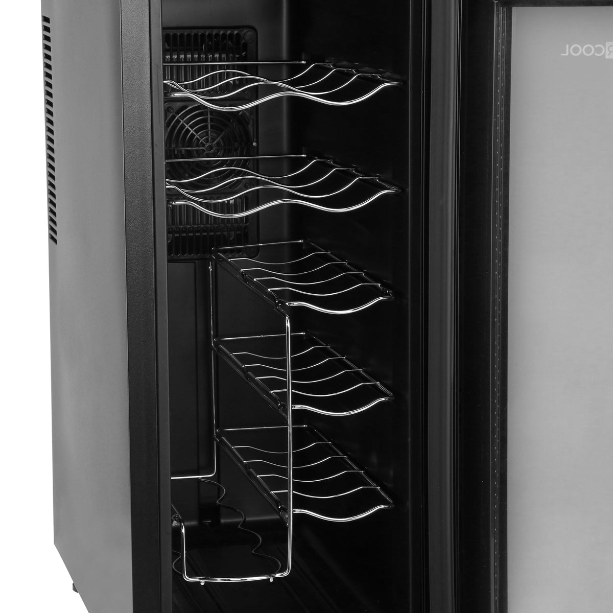 Slim wine cooler interior with wire bottle shelves and wavy rack supports