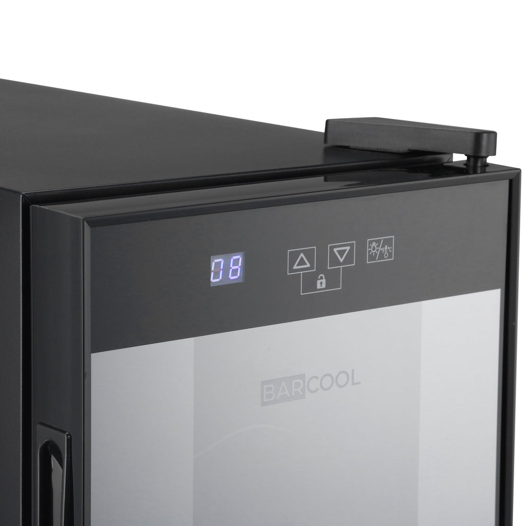 LED wine cooler control panel with digital temperature display and touch icons
