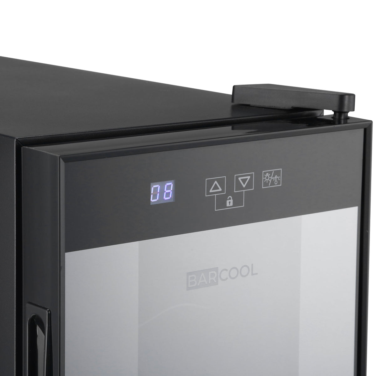 LED wine cooler control panel with digital temperature display and touch icons