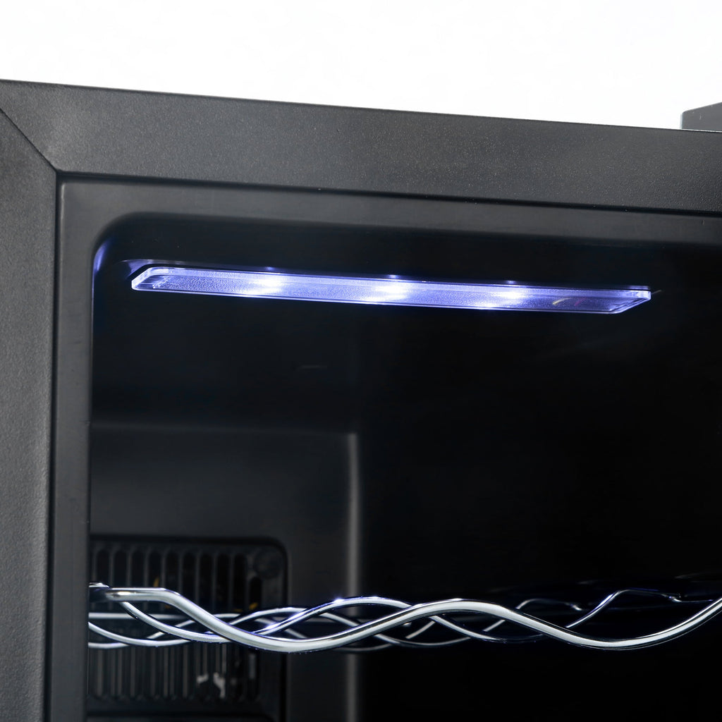 LED light bar over wire bottle rack inside black slim wine cooler