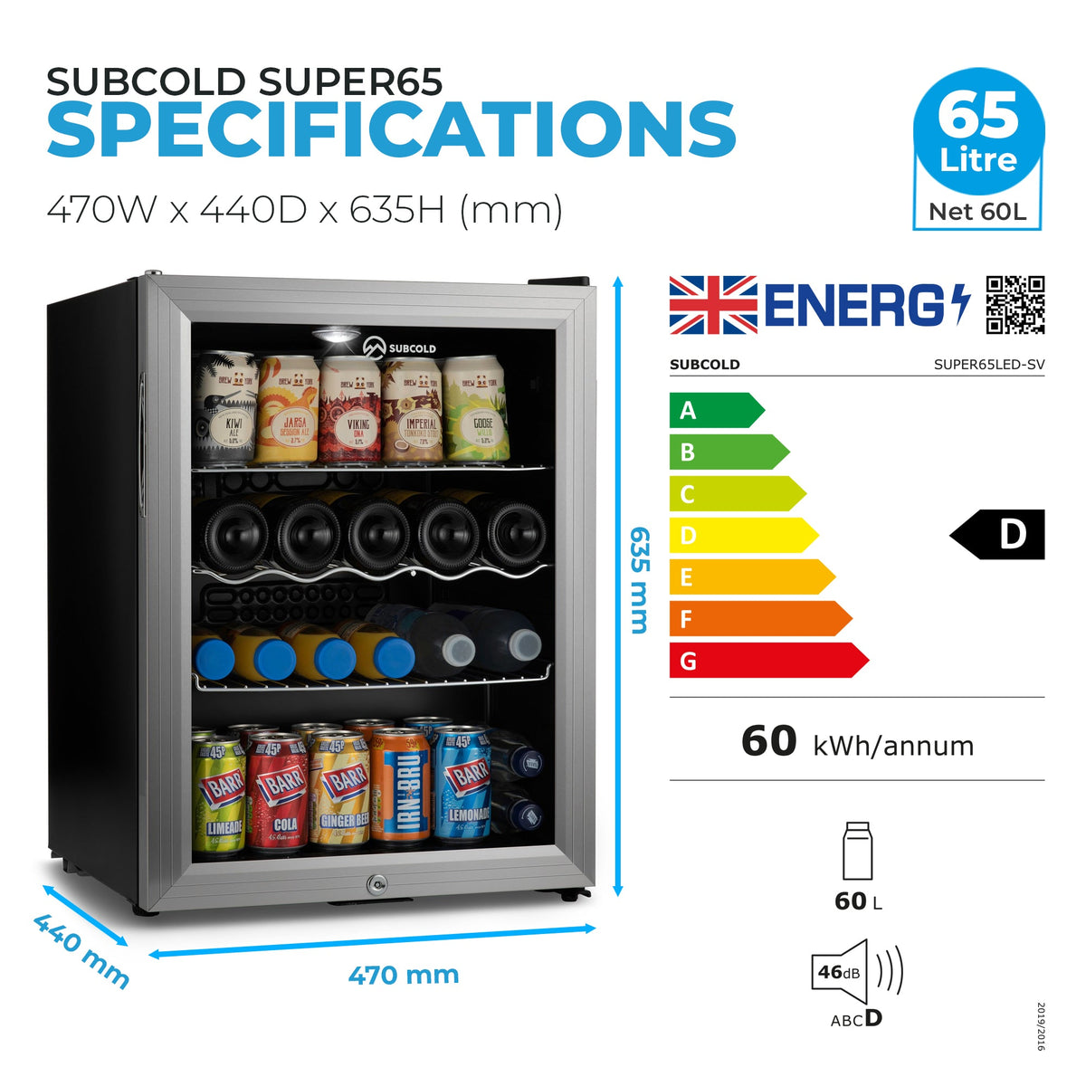 Super65 drinks fridge specifications panel with size, capacity, and energy rating